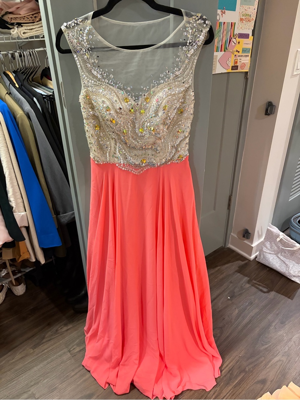 Embellished Beaded Coral Evening Gown - Women Dresses